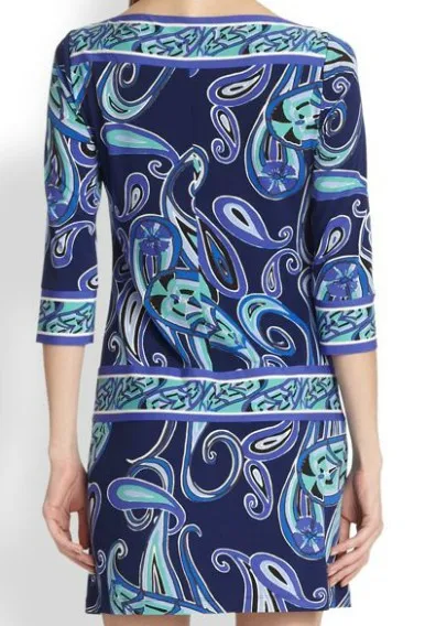 Европейский роскошный модный женский синий абстрактный геометрический принт длиной до колена стрейчевое большого размера XXL трикотажное шелковое платье