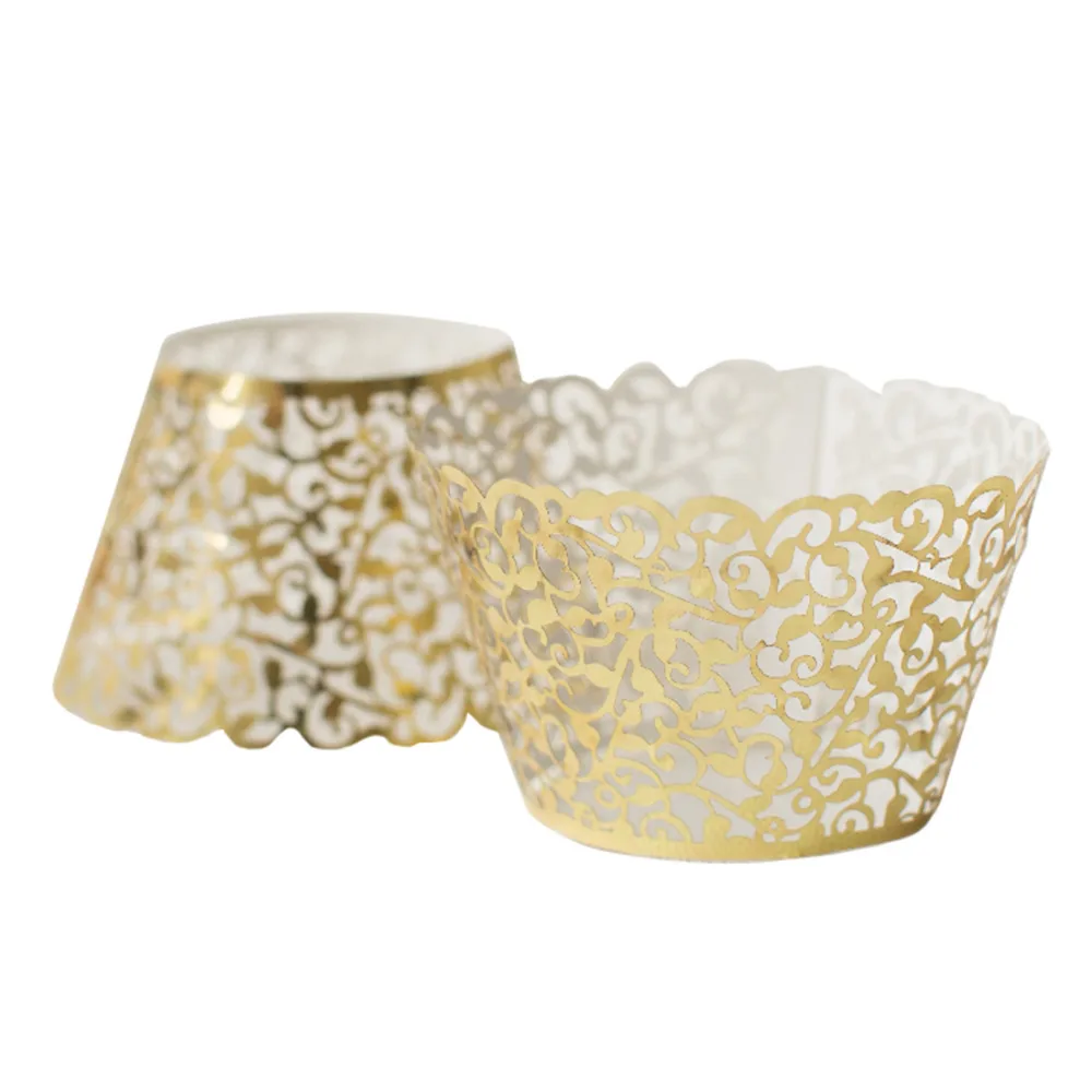 

2018 Fashion 12Pcs Hollow Decoration Wedding Filigree Vintage Cupcake Wrappers Wraps Case Gold Card