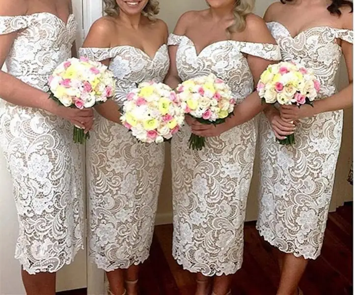 Ivory Champagne Lace Short Bridesmaid Dresses Off The Shoulder Fitted
