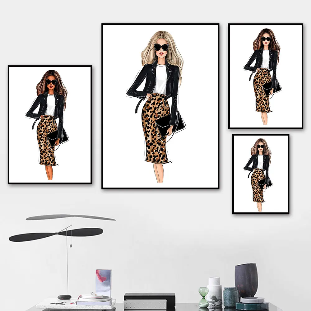 

Fashion Woman Paintings Canvas Leopard Skit Wall Art Poster Nordic Pictures Room Home Decor Metal Organic Glass Framed 4 Colors