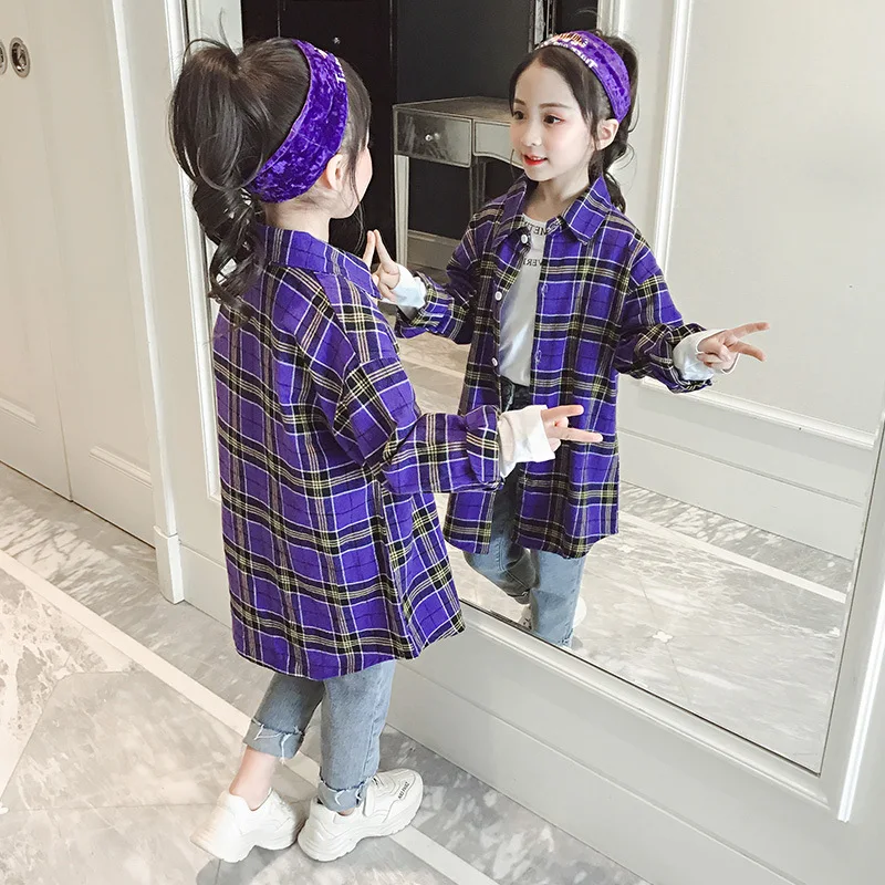 

Girls Plaid Shirt 2019 Spring Girls Clothes Teenage School Girl Shirts for Girls Blouse Purple Children Blouse 12 T Kids Clothes