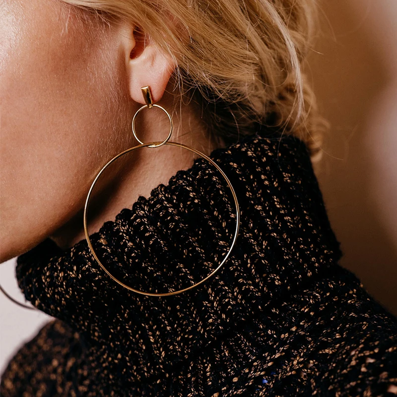 

Hot Sale Fashion Big Hoop Earrings Double Round Circle Pendant Long Earrings For Women Statement Jewelry #232481