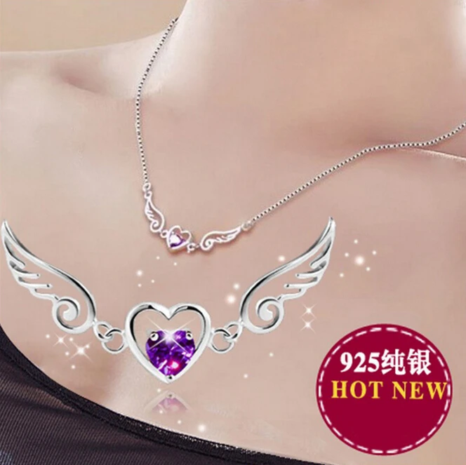 

Anenjery Hot Sale Silver Jewelry Love Angel Wings Necklace Dream Love Heart Crystal Zircon Necklace Women Birthday Present S-N01