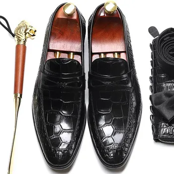 

2019 Summer Mens Business Formal Shoes Slip-On Crocodile Pattern Men British Style 100% Genuine Leather Shoes Wedding Loafers