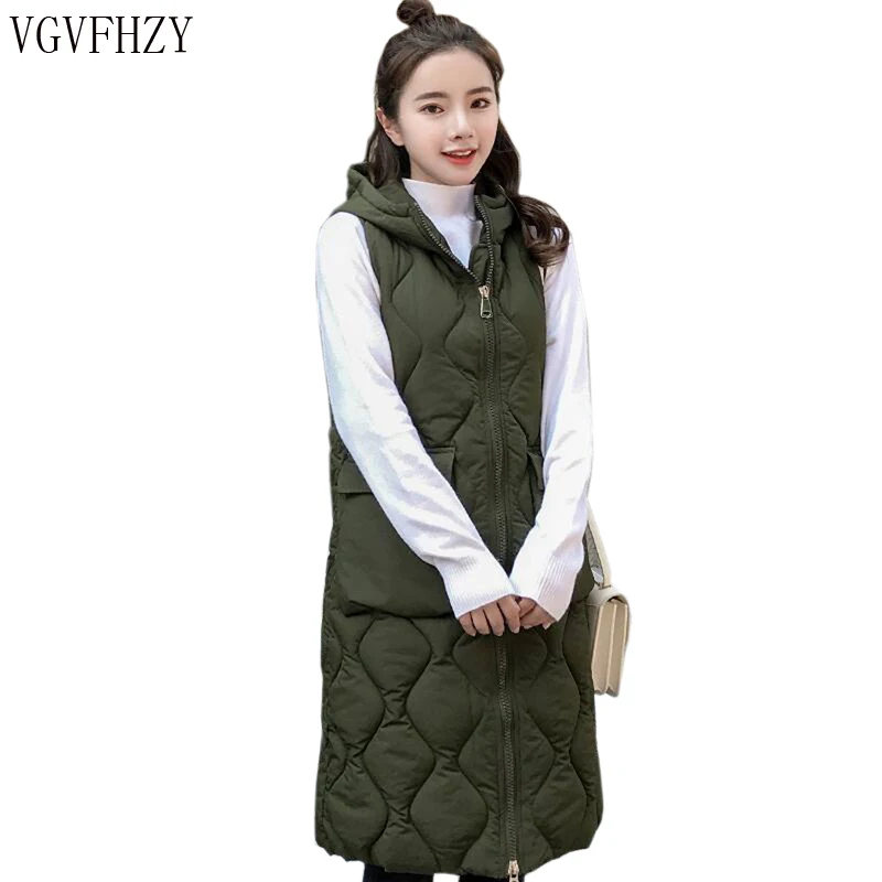 Fashion Women Vests Waistcoat 2018 Autumn Winter Mid-long Down Cotton Padded Vest Female Sleeveless Jackets Hooded Coats LY1099 | Женская