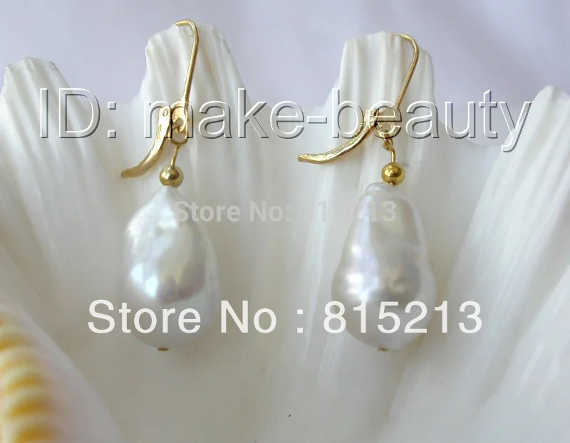 

wb0070 big 20mm baroque white keshi reborn freshwater pearl dangle earrings 14K