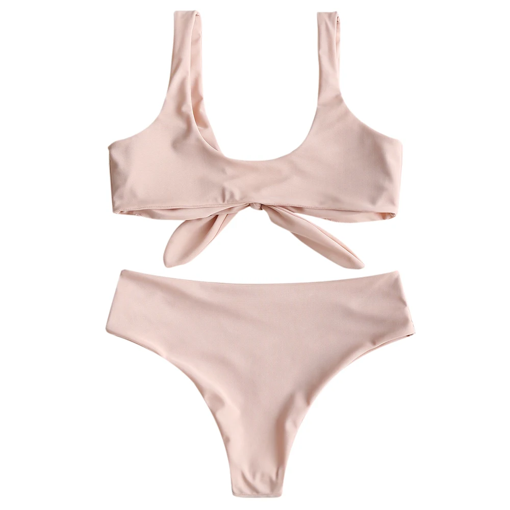 ZAFUL Womens Solid Color Strap Padded Front Knot Bikini Set