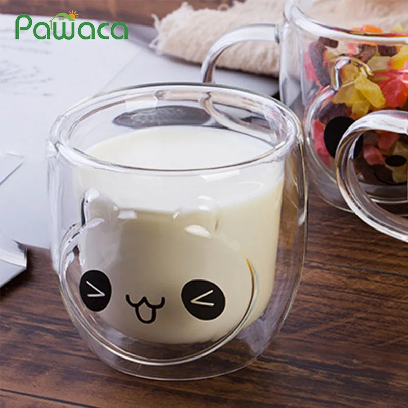 

Double Layer Heat-Resistant Lovely Panda Milk Mug Espresso Coffee Cup Breakfast Clear Glass Water Cup 250ML Home Decoration Gift