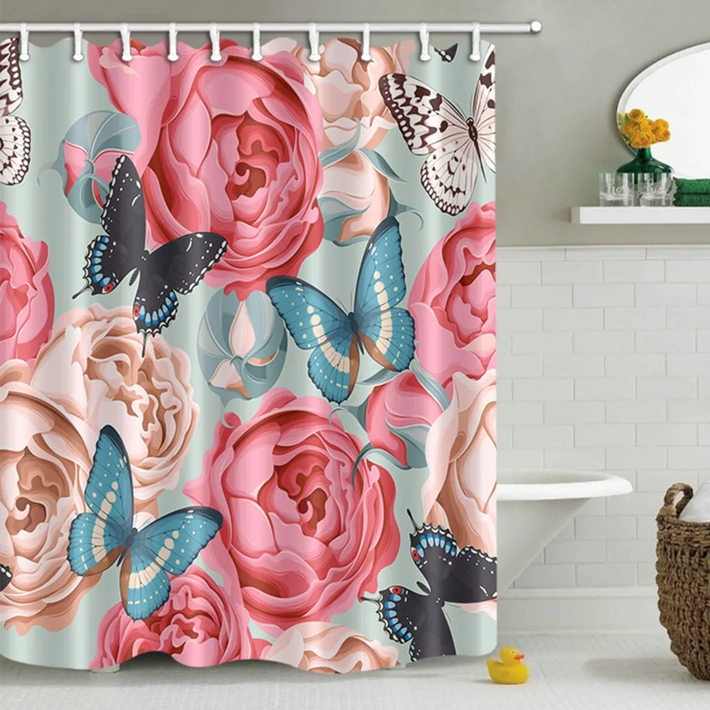 LB Fairy Butterfly Pink Rose Flower Shower Curtain Bathroom Curtains ...