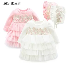 Платье+ Кепка для детей 0-9 месяцев, милый комплект для маленьких девочек на весну-осень, платье принцессы с длинными рукавами и цветочной вышивкой, костюмы из 2 предметов для девочек