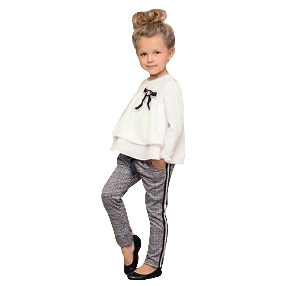 Одежда для маленьких девочек Футболка с оборками Топы+ штаны в клетку, комплект одежды с длинными рукавами, осенне-зимняя одежда Ensemble Ropa