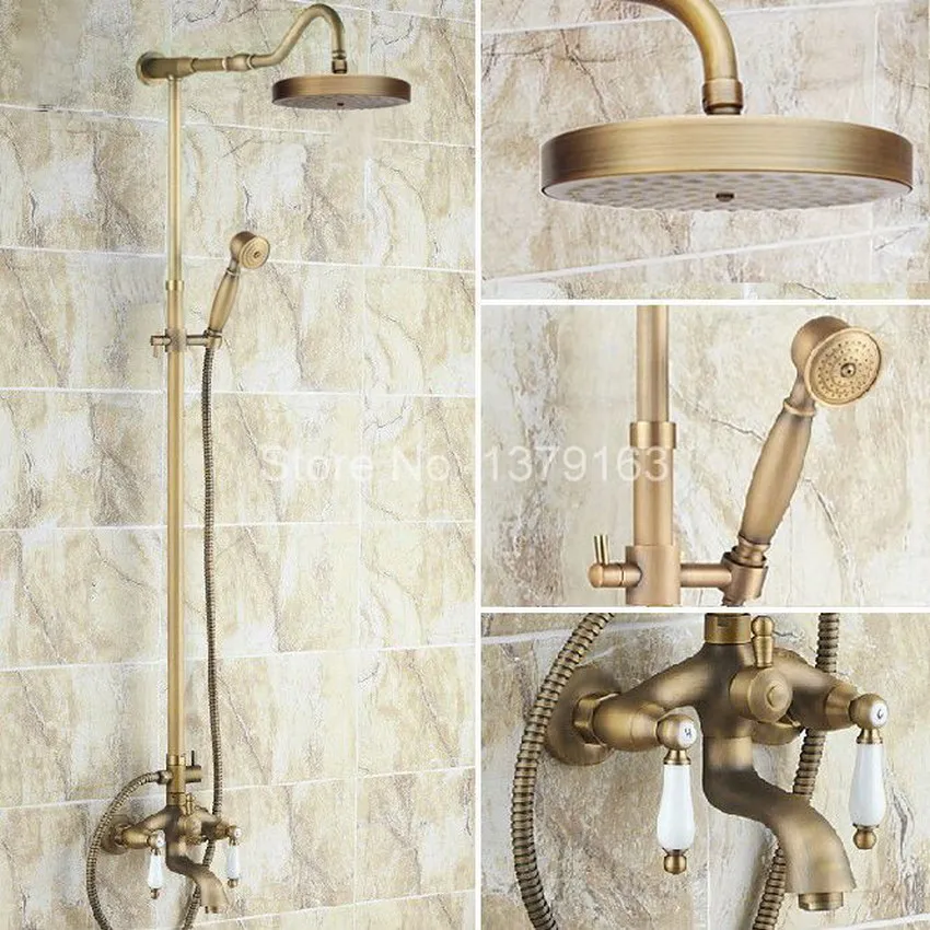 

Antique Brass Wall Mounted Bathroom Top Spray Rainfall Shower Faucet Set With Double Ceramic Handles Bath Tub Mixer Tap ars247