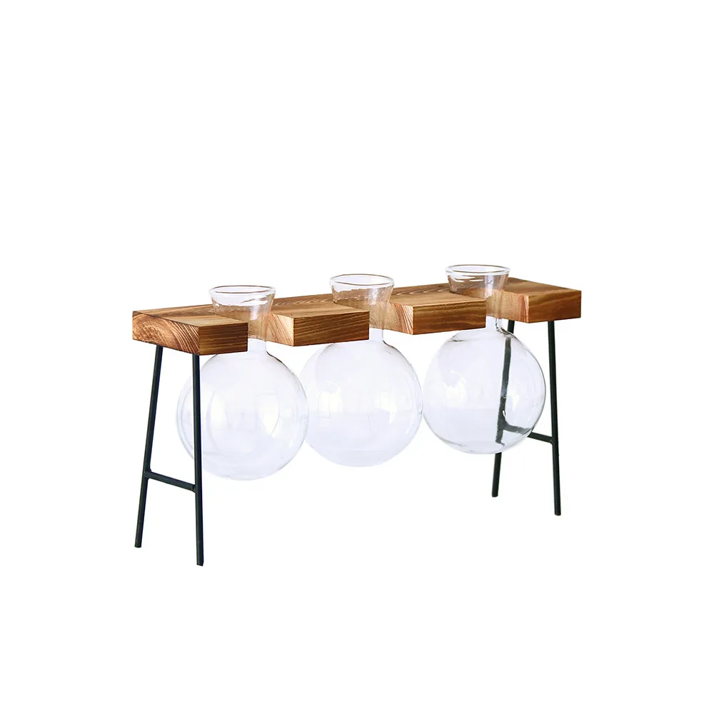  Creative Glass Bottle Vase Hydroponic Plant Transparent Vase Wooden Frame Coffee Shop Room Decor Ta