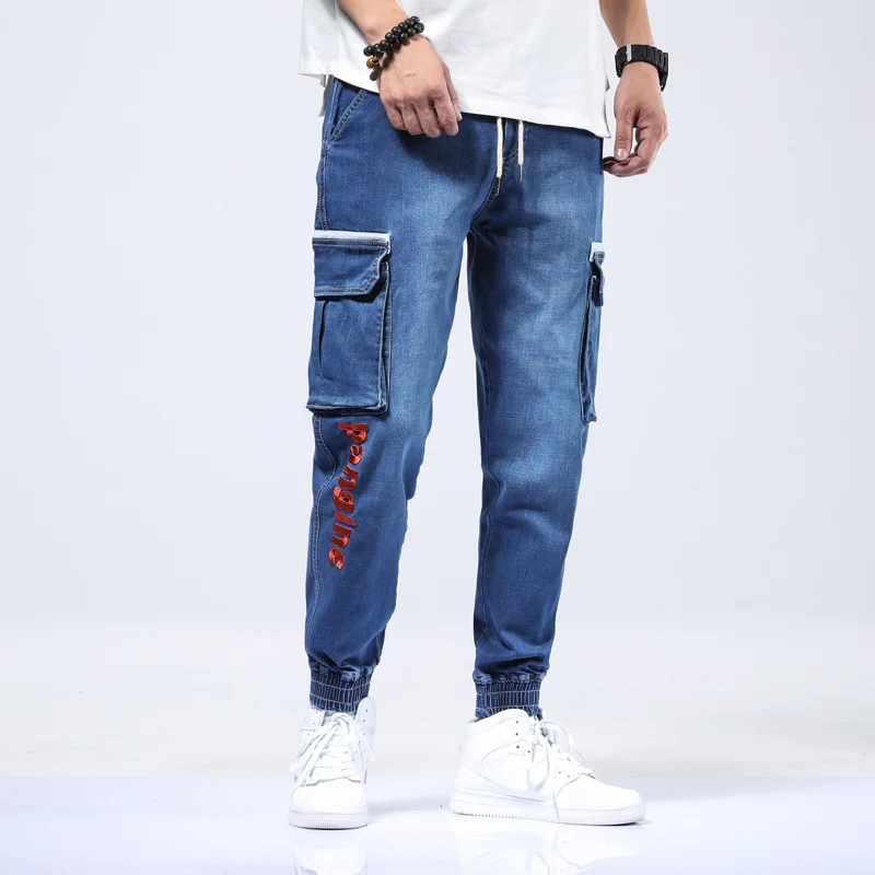 Джинсы карго, Корейская уличная одежда, джинсы хараюку длиной до щиколотки, мужские шаровары Карго, джинсовые штаны, мужские большие размеры 6xl 5XL 7XL, джинсы в стиле хип-хоп
