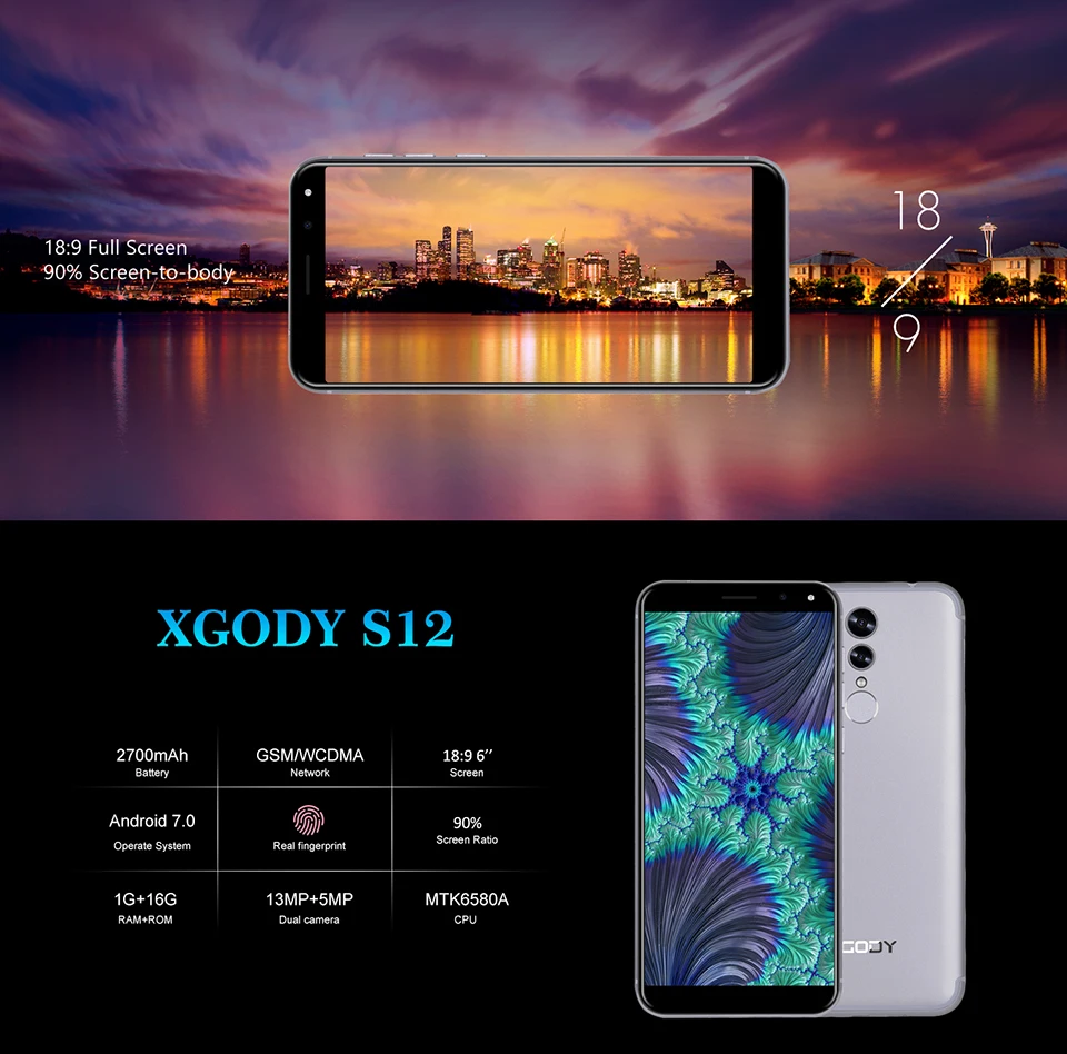 XGODY S12 5,72 дюйма 18:9 4G LTE разблокированный мобильный телефон Face ID MTK6737 4 ядра 1 + 16 Android 7,0 Nougat смартфон телефона Touch