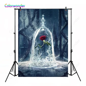 

Princess Theme Photography Background Red Magic Rose with Glass Cover 5x7ft Ancient Castle with Snow Fairy Tale World Backdrops