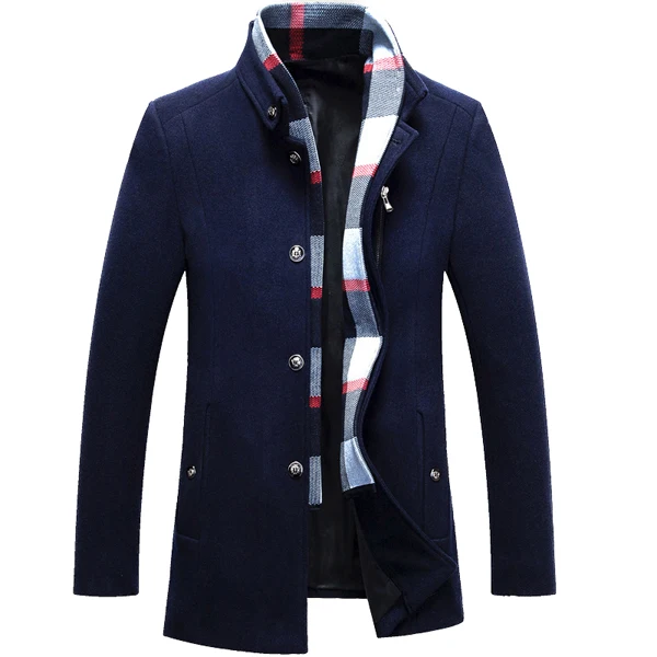 Mens Winter Wool Jacket Scarf Business Mid-long Jacket