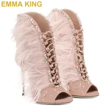 Модные женские розовые/Черные ботильоны с перьями летние ботинки с открытым носком на высоком каблуке с украшением в виде кристаллов пикантная женская обувь ботинки на шпильке