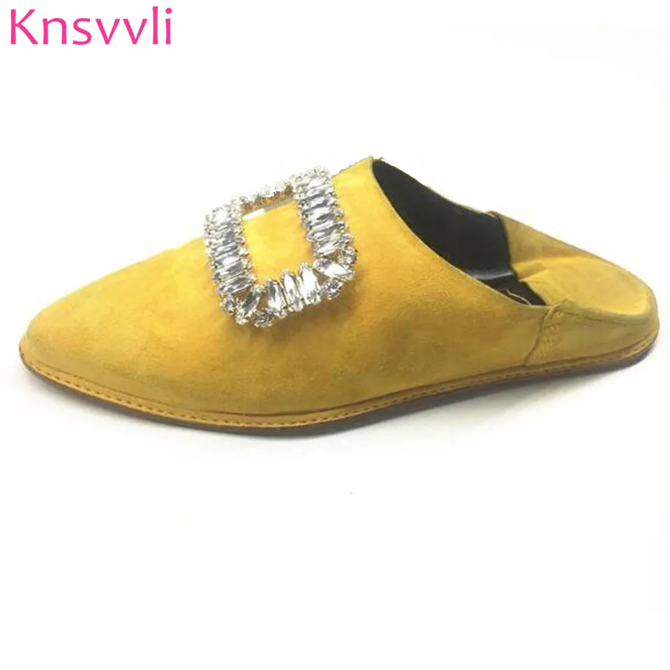 

Knsvvli Newset Crystal Square Buckle Woman Slippers Genuine Leather Wrap Toe Lazy Slip On Pointy Toe Fashion Flat Shoes Women's