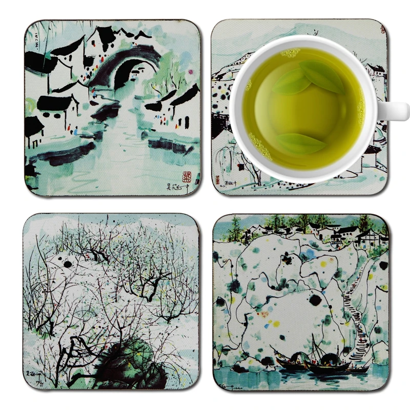 

ABMIDEA Village Scenery Wood Drink Coasters Relief Art Non-slip Heat Resistant Table Cup Mat Placemat 122S