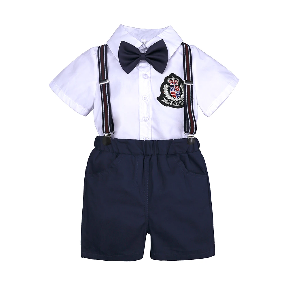 white Shirt+blue shorts with Bow Tie 2 pcs kids clothing sets summer Formal Party gentleman overalls suit kids baby boy clothes