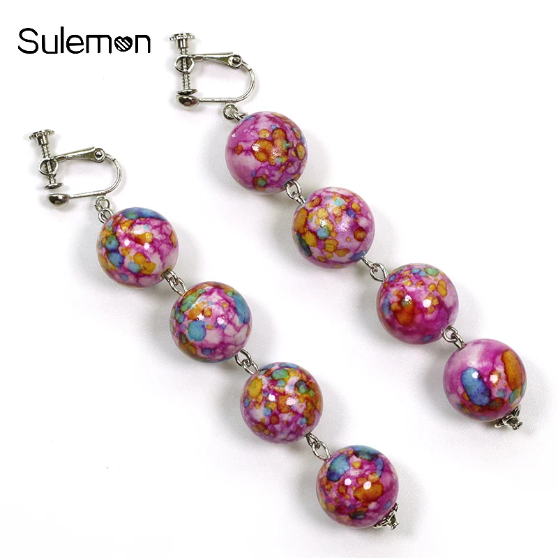 

Fashion Colorful Ball Earring No Hole Ear Clips Inkjet Balls Clip Earrings Without Piercing Women Long Earring Jewelry CE234