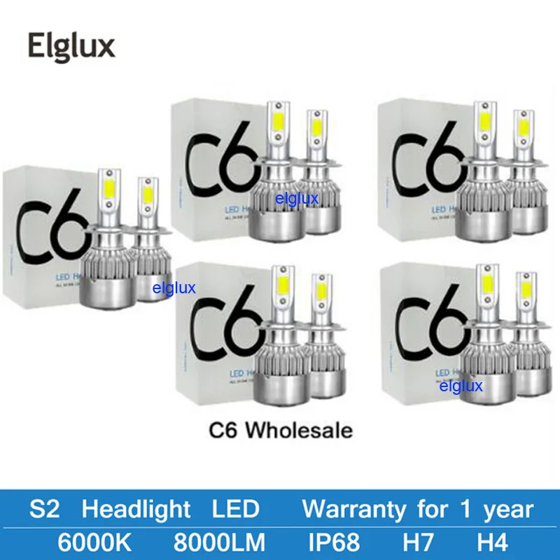 Elglux 6000K 12V C6 H3 H7 H1 8000LM 9007 H13 H4 H11 авто светодиодные лампы для фар Пуля Супер яркий Турбокомпрессор 《 автомобильный светильник светодиодный потолочный светильник