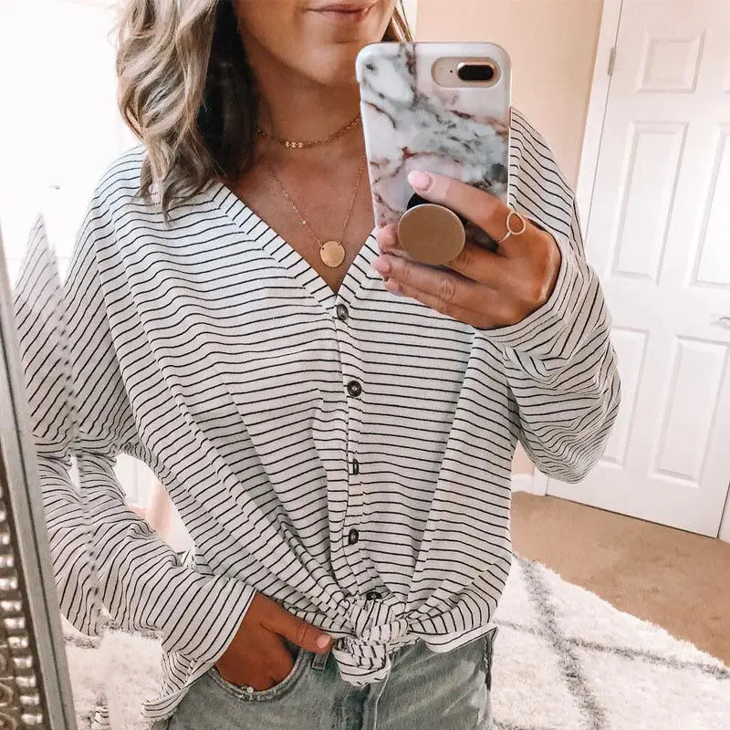 2018 New Style Women V Neck Long Sleeve Tops Striped
