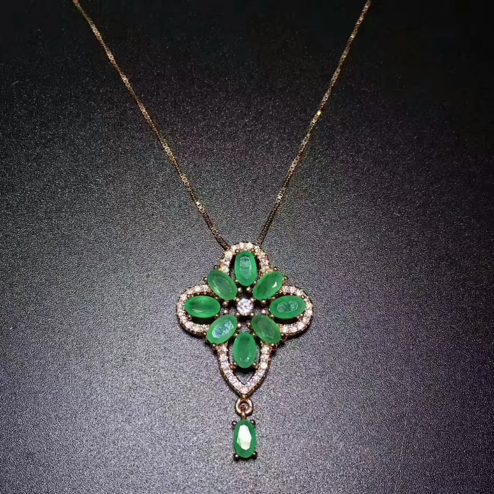 

natural green emerald Pendant natural gemstone pendant necklace 925 sterling silver Lovely Flowers tassel girl gift jewelery