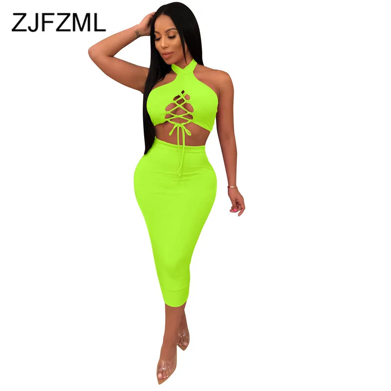 

Neon Green Two Piece Set Bandage Dress Women Off The Shoulder Backless Party Sundress Summer Halter High Waist Package Hip Dress