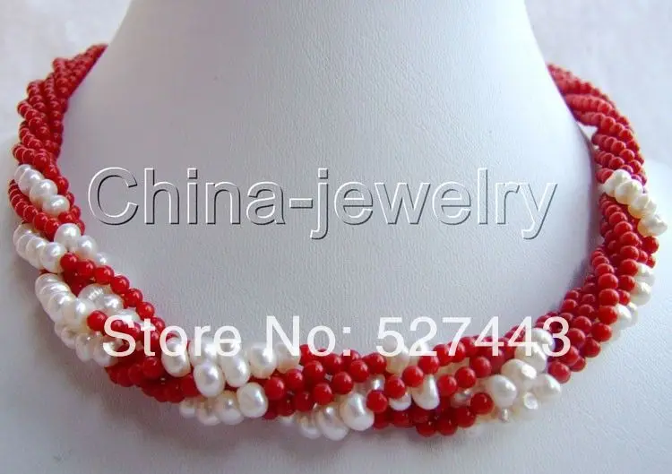 

Wholesale Beautiful 17" 5-6mm 6row natural white FW pearl and coral necklace