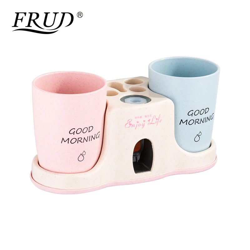 

Frud Environmentally Toothbrush Cup Holder Double Cup Shelf Multifunction Bathroom Cosmetics Storage Automatic Extrusion Y18092