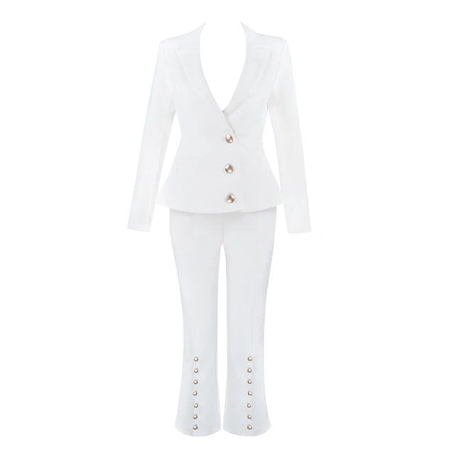 2018 new winter women's white long sleeved V neck button coat and pants