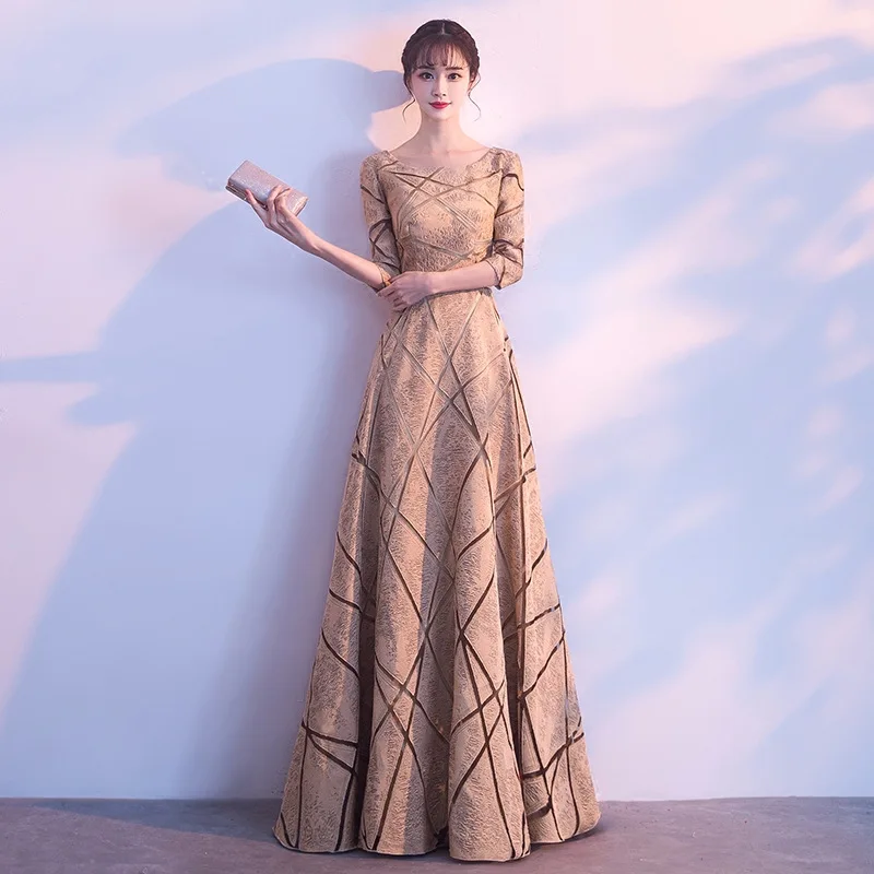 

Elegant Long Champagne Evening Dresses 2019 Half sleeve Lace Up evening gown Formal Prom Party Dress Elegant Vestidos De Fiest