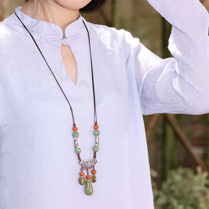 

Silver Color Ceramic Water Drop Bead Necklace Double Weave Rope Chain Hollow Flower Pendant Charm Statement Choker Women Gifts