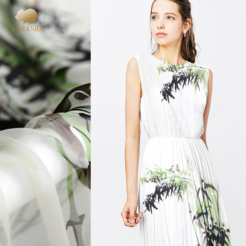 

Ink bamboo print silk georgette fabric 8mm m thin drape anti-wrinkle shirt dress silk fabric wholesale silk cloth