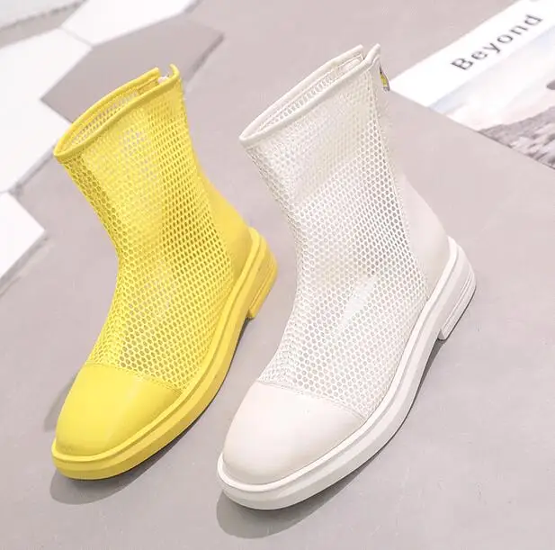 

summer roman woman flat mesh summer boots hollow style gladiator woman flat mesh back zipper ankle boots yellow white color