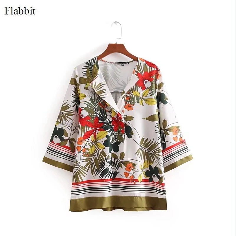 Flabbit women vintage turn down collar leaves 캐주얼 슬림 작업복 블라우스 3/4 셔츠 ...