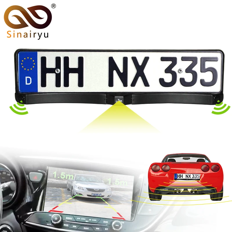 

3 in 1 Car License plate cameras Parking Assistance Rear View Camera Backup Camera with 2 Parking Sensors Show Image&Distance