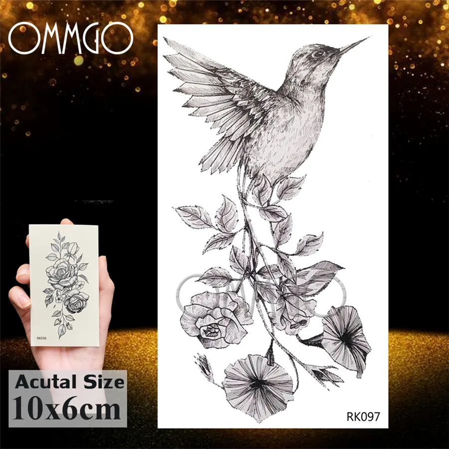 Временные татуировки OMMGO Morning Glory Bird для женщин наклейки Черные искусственные