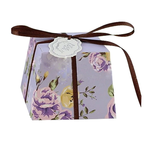 

40 Pcs Hot Wedding Favors Supplies Blue / Pink / Purple / Green Trapezoid Floral Candy Boxes Gift Box With / No Ribbons & Cards