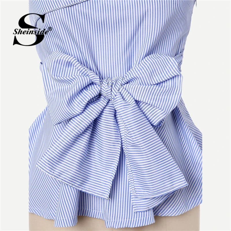 Sheinside, элегантная женская летняя блузка с бантом спереди, с откидной спинкой на одно плечо, топ с баской,, тонкая, синяя, полосатая, Женские топы и блузки