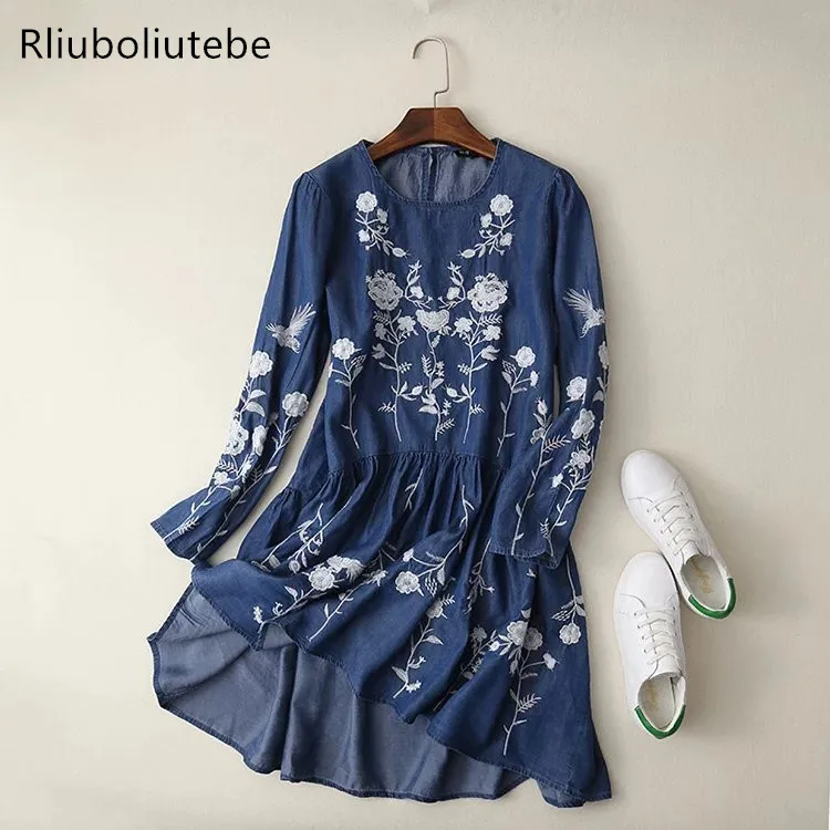 

Tencel Denim Dress Women Blue Light Blue Floral Embroidered O Neck Long Sleeve Casual Summer New Shirt Dress brand vestido