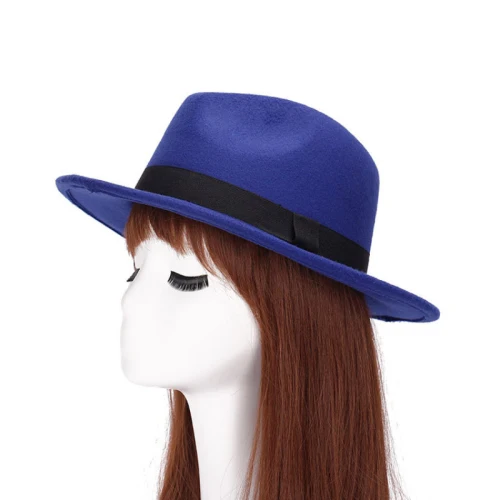 HT1224 Новая модная женская мужская фетровая шляпа широкий джазования с полями церковная Кепка винтажный Панама пляжный топ шапка унисекс однотонная красная Серая шерстяная фетровая шляпа - Цвет: Royal Blue