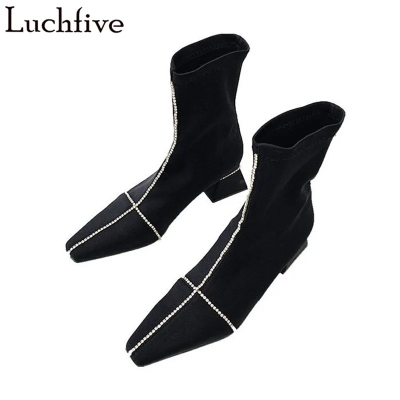 

Stretch Fabric Crystal Ankle Boots For Women Pointy Toe Chunky Heels Ladies Shoes Elastic Boots Femme Black Purple Women Boots