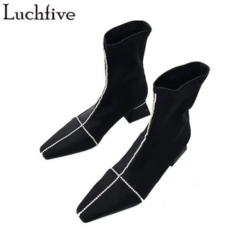 

Stretch Fabric Crystal Ankle Boots For Women Pointy Toe Chunky Heels Ladies Shoes Elastic Boots Femme Black Purple Women Boots