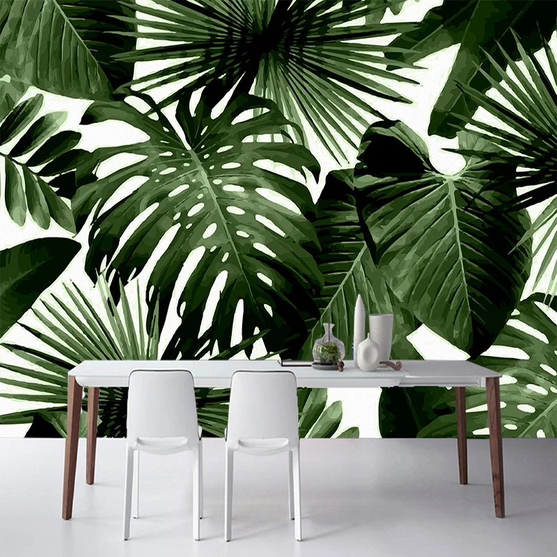 3D самоклеющиеся водонепроницаемые Холст Настенные обои современный зеленый лист тропический дождь лес Настенные рисунки растений Спальня 3D наклейки на стену