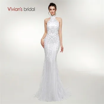 

Vivian's Bridal 2018 Halter Crystal Beading Stripe Pattern Women Evening Dress Back Hollow Out Zipper Sweep Train Full Dress