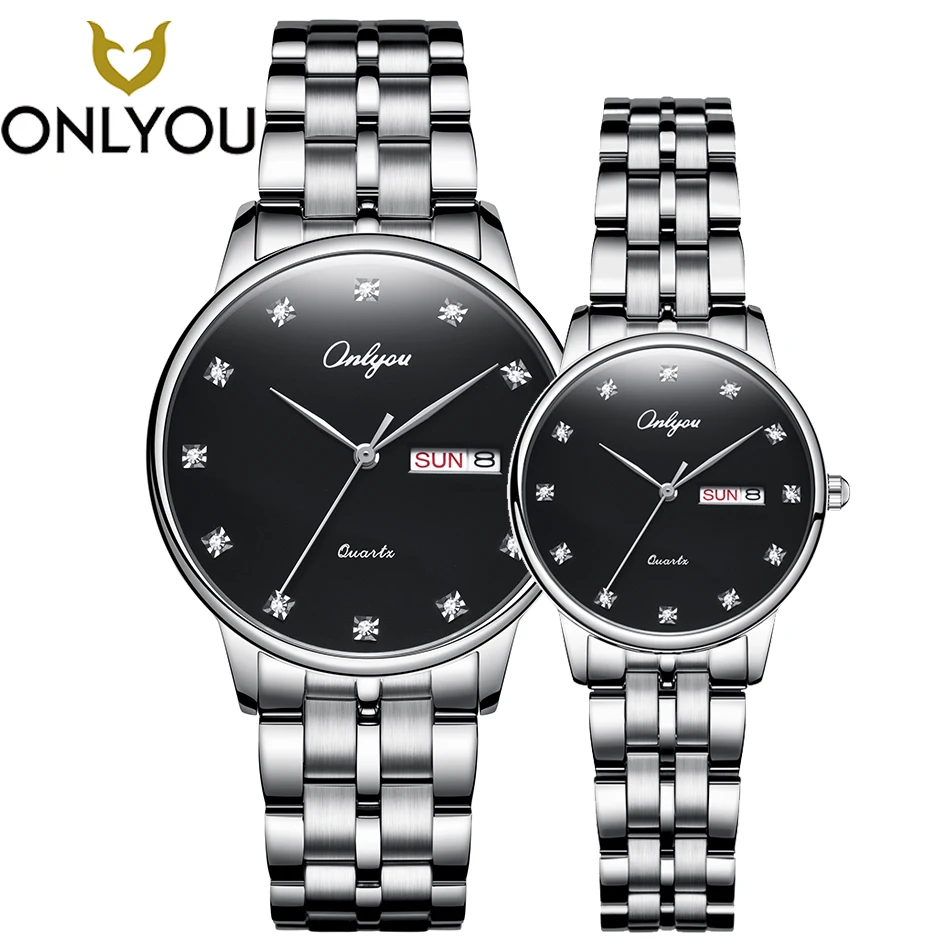 

ONLYOU Fashion Diamond Lover's Watch Ctrystal Black Face Men's Quartz Wristwatch Week Display Ladies Dress Watches Steel Strap