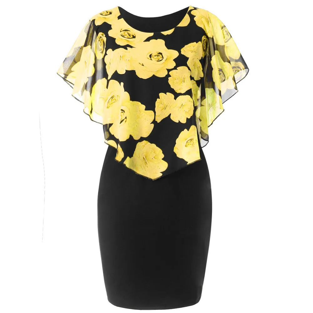 Модное летнее женское шифоновое платье размера плюс 5XL, Повседневное платье с О-образным вырезом и рюшами, вечернее платье, 7 цветов - Цвет: Yellow